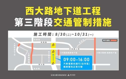 西大路地下道工程第三階段交通管制從8月30日至10月31日。